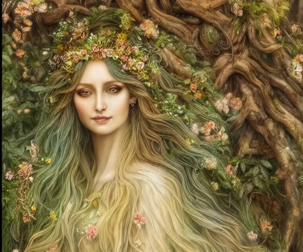 Prompt: Photorealistic digital painting of a stunningly beautiful 40 year old ethereal goddess of wood-elvish heritage dressed in a leafy gown with long ash hair with goldened highlights  adorned with golden flowers. Forest animals surround her. Background is a dark fantasy forest. fantasy artwork, realistic shaded, fine details, artgerm, ultrarealistic HDR, highly detailed. Fine facial features. Ultra realistic face. bright eyes, small smirk. D&D. smooth. sharp focus. Intricate. Magical, Fantasy, elegant, concept art