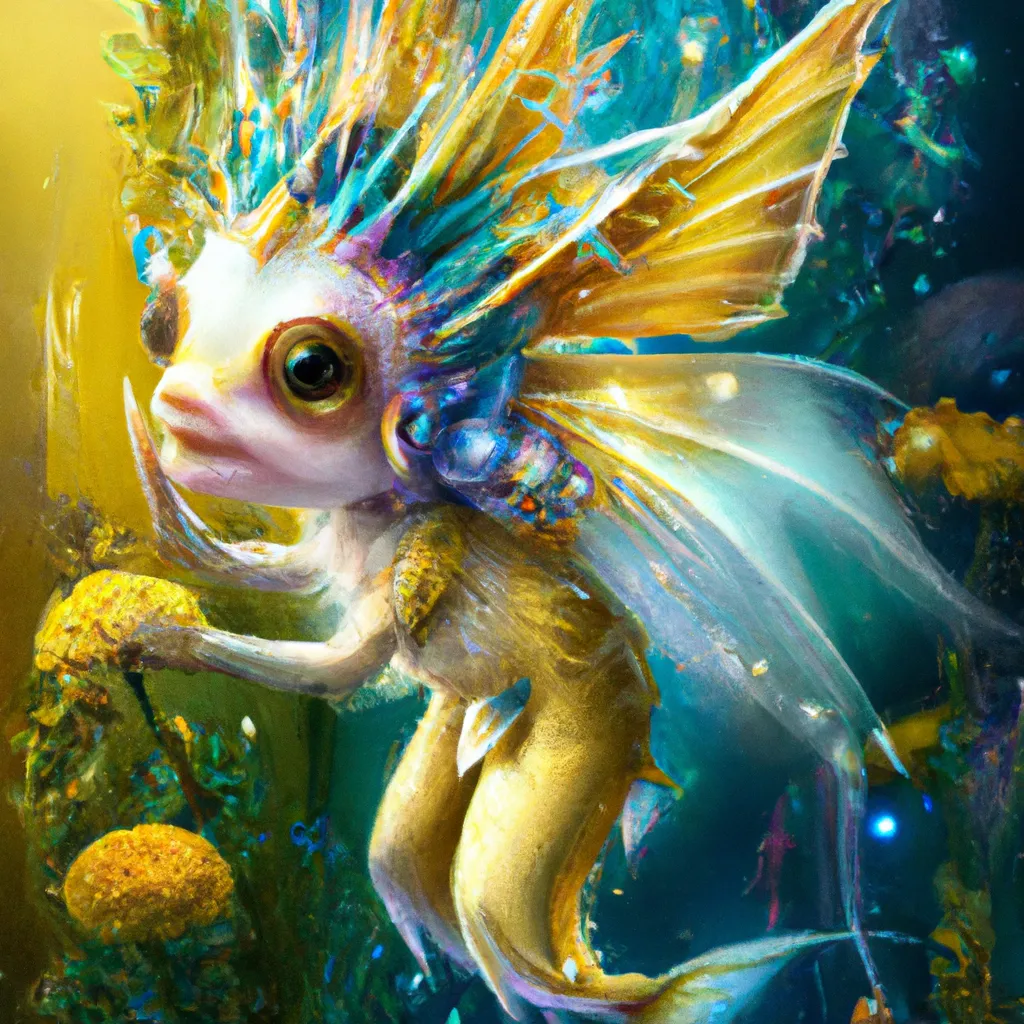 Prompt: Detailed intricate hyper realistic ultra realistic sharp clear digital airbrush by Anna Dittmann, Tom Bagshaw, Gil Elvgren. Portrait of a tiny furry funky fairy fish monster with horns on a yellow brick row to the moon. Impressive surrealism art deco punk gothic sci-fi fantasy synthwave. Commercial photography from children's book. Trending. Masterpiece. Dramatic backlighting. Sunset.