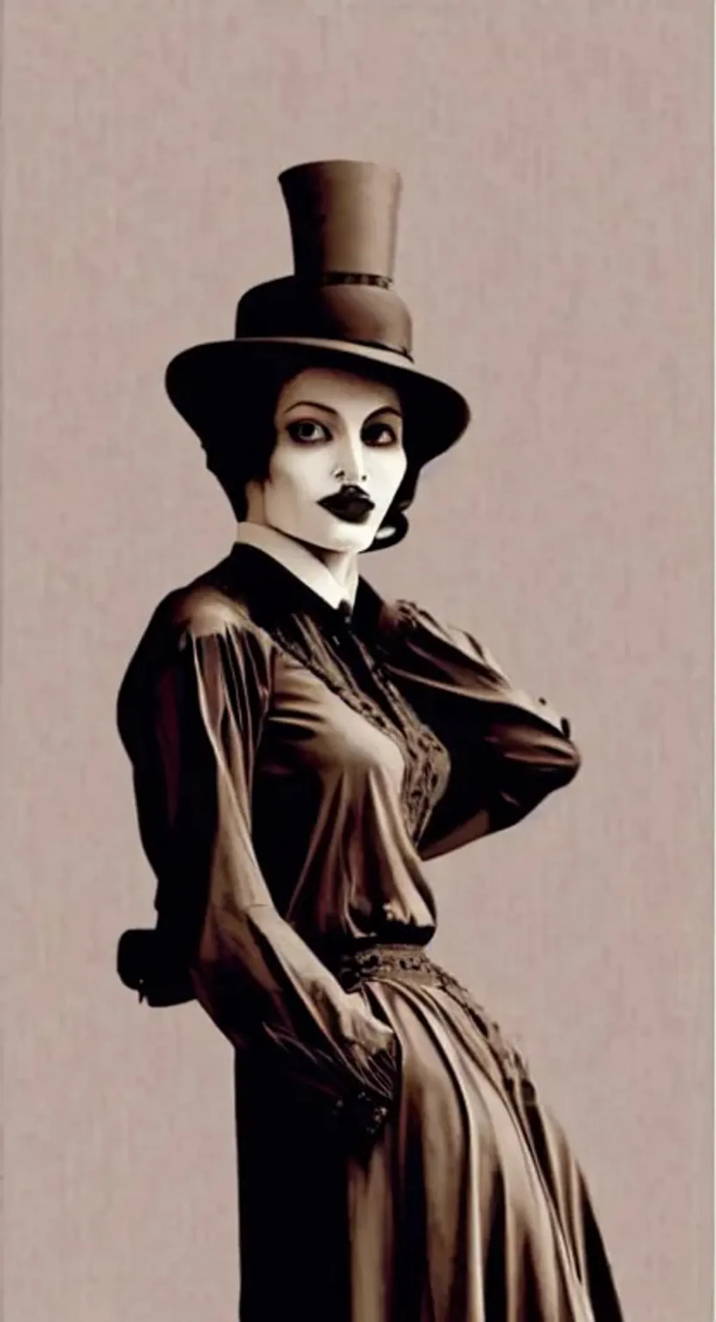 Prompt: full-length sepia retro portrait where Angelina Jolie acting as Charlie Chaplin, dynamic pose that tight extreme detailed clothes, she's girlish charm intricate and attractive, , in style of engraving by Gustave Doré, detailed face in sharp focus, textile mixed styles texture