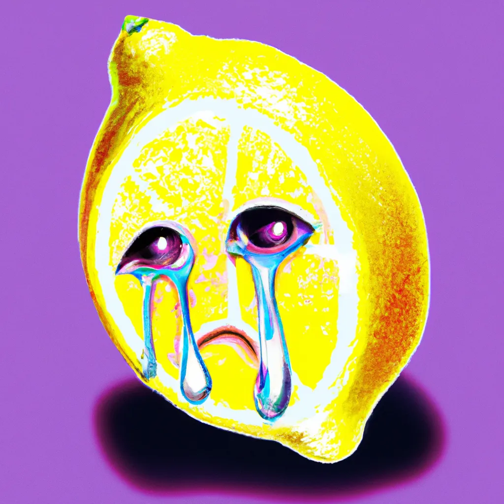 Prompt: lemon with face crying, acid trip occult, alchemy, esoteric, hyper realistic, vaporwave, 90s, melting, psychedelic 