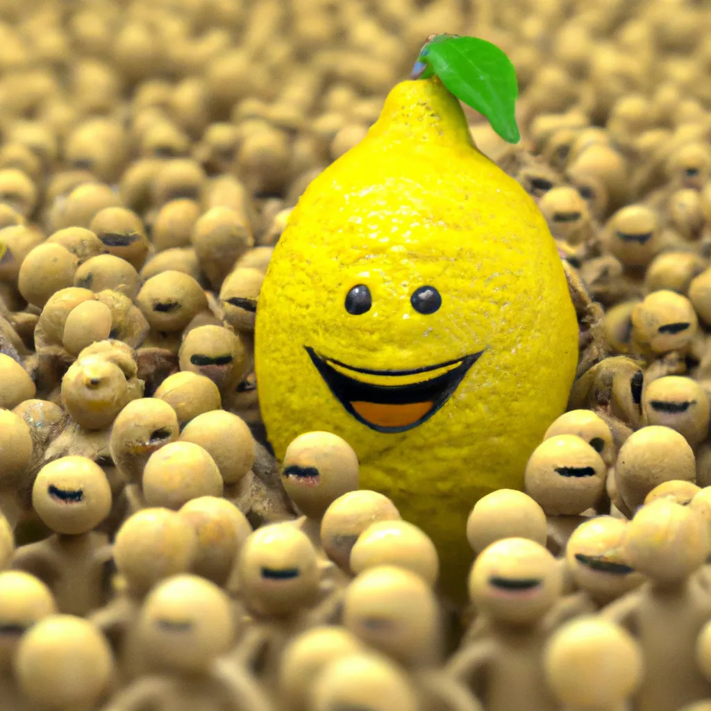 Prompt: 3-D, Photo-Realistic, Laughing Giant Lemon surround by huge crowd of cheering lemon admirers
