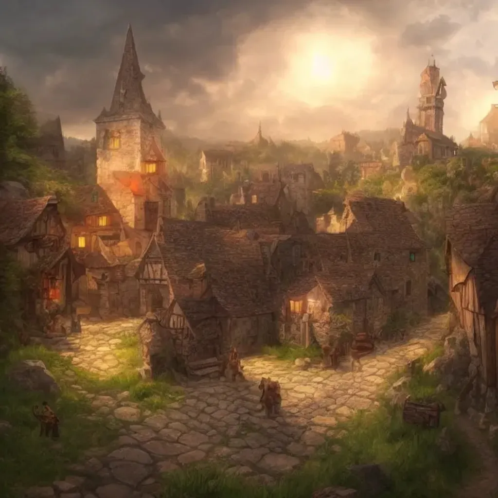 Prompt: 8k, concept art, 
cute heroic Fantasy medieval village , good atmosphere , sun , rainbow , 