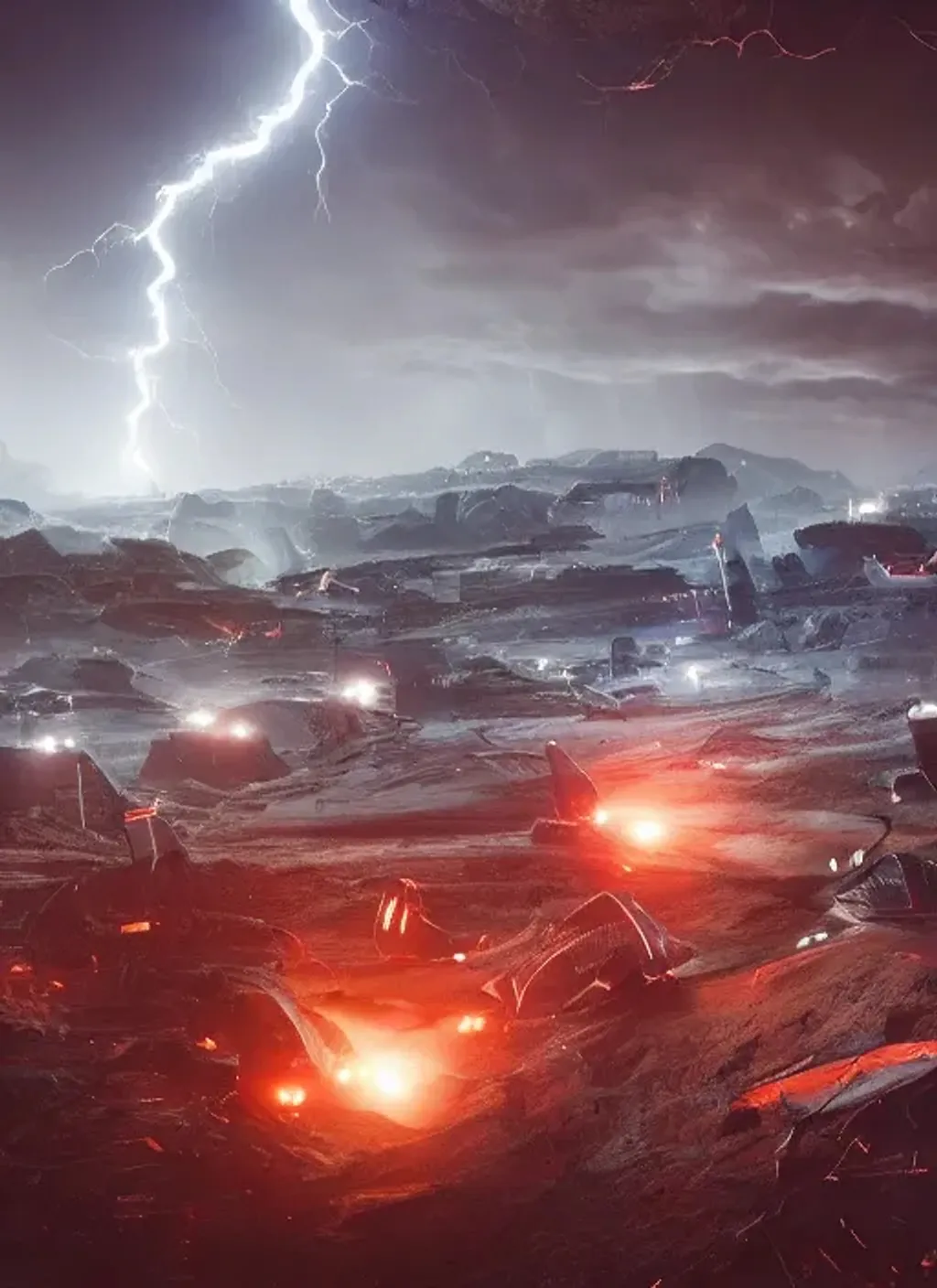 Prompt: Landscape of futuristic robot army and lightning striking with tornado in  by Daniel Ignacio on Artstation, trending on deviantart, extremely detailed, high contrast, ultra realistic, highly coherent, very detailed, masterpiece, cinematic, wallpaper, high resolution, near forest, unreal engine, octane render,32k