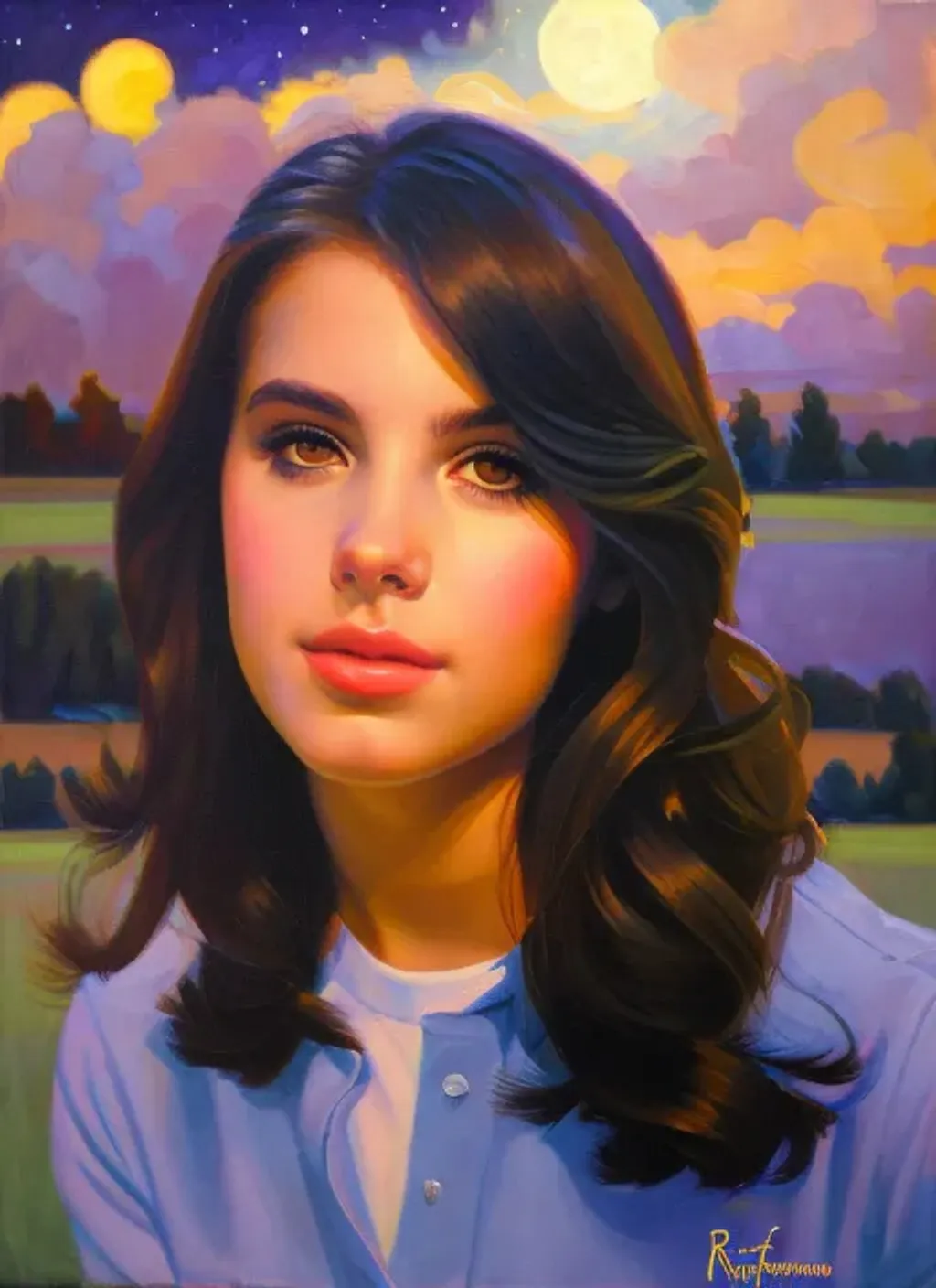 Prompt: Portrait of a cute teenage girl, hispanic, pale skin, black hair, straight short hair, very dark brown eyes, black shirt, night sky, cars, looking at the camera, extremely detailed painting by Greg Rutkowski and by Henry Justice Ford and by Steve Henderson