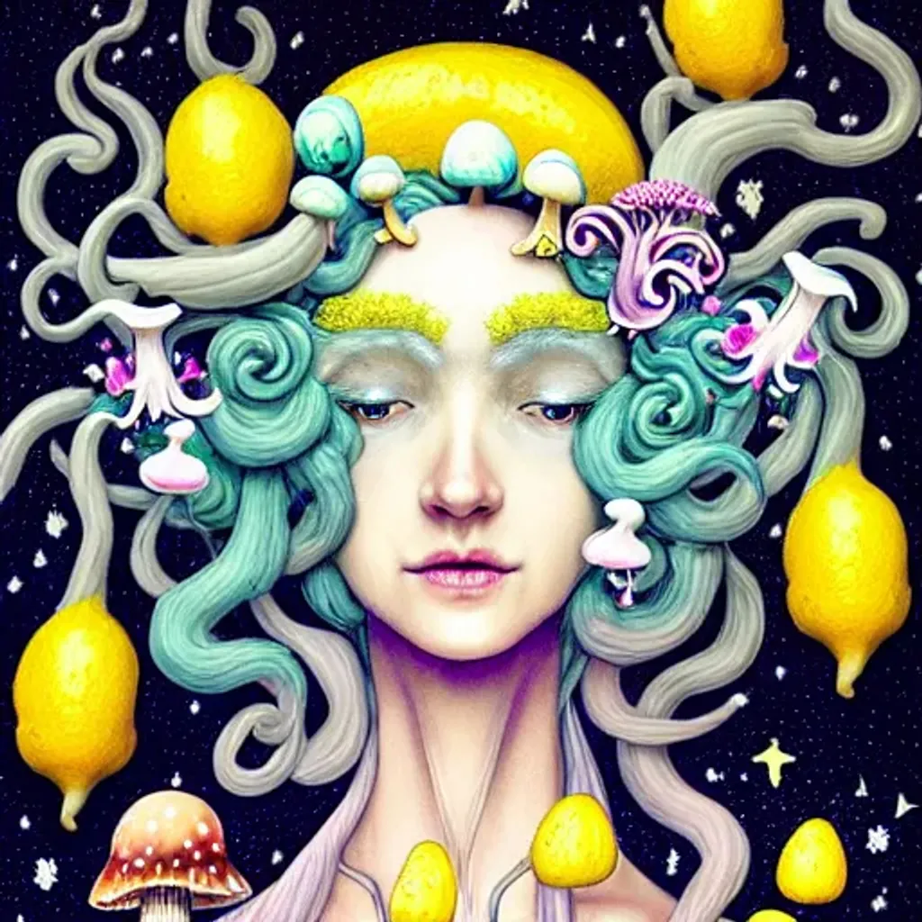 Prompt: Rococo Pastel witch, lemons, close portrait, Beautiful witch with mushrooms and orchids coming out of her hair, mushrooms, stars, planets, hq, fungi, celestial, moon, galaxy, stars, victo ngai, Ryan Hewett 