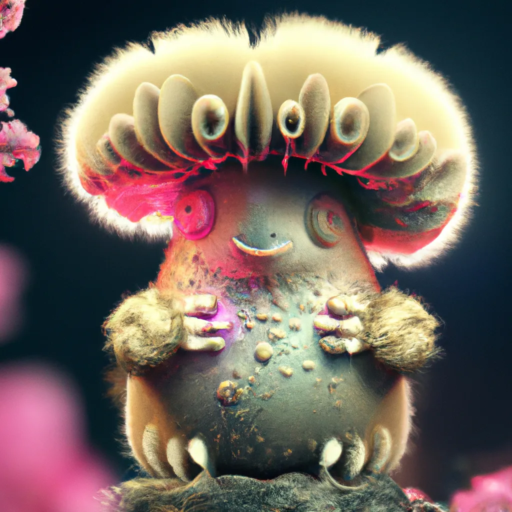 Prompt: Curvaceous Light bending cute furry monster  covered in halogenic Nuclear flowers in the style of Bruce Pennington, Dali, Munch, Escher, Klarwein, Yamamoto, Hattori, Leyendecker, Mullins, Magritte | mushroom | centered |muted desaturated tones | dark background | ultra sharp focus | 3d octane render artstation trending 8k unreal engine | Avatar movie| Disney Pixar Dreamworks 