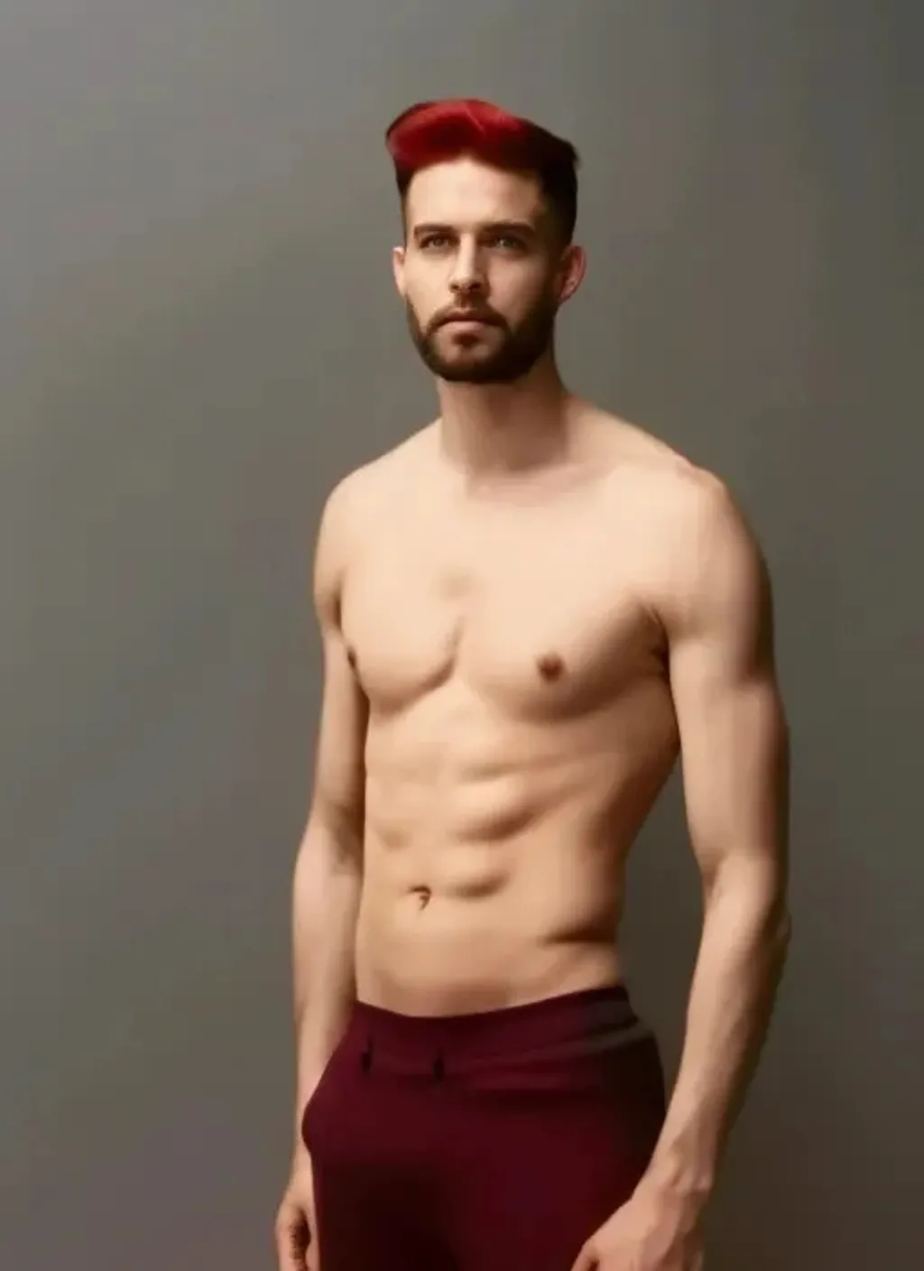 Prompt: A photo of a handsome man, without a shirt, young adult, wearing grey sweatpants, by Dimitris Yeros, by Rineke Dijkstra, by Wolfgang Tillmans, symmetry, muscular body, body hair, facial hair, natural hair, dark red hair color, sharp, 24mm Nikon Z FX, HIGHLY detailed, hyperdetailed, hyperrealism, 4K HD, UHD, studio lighting