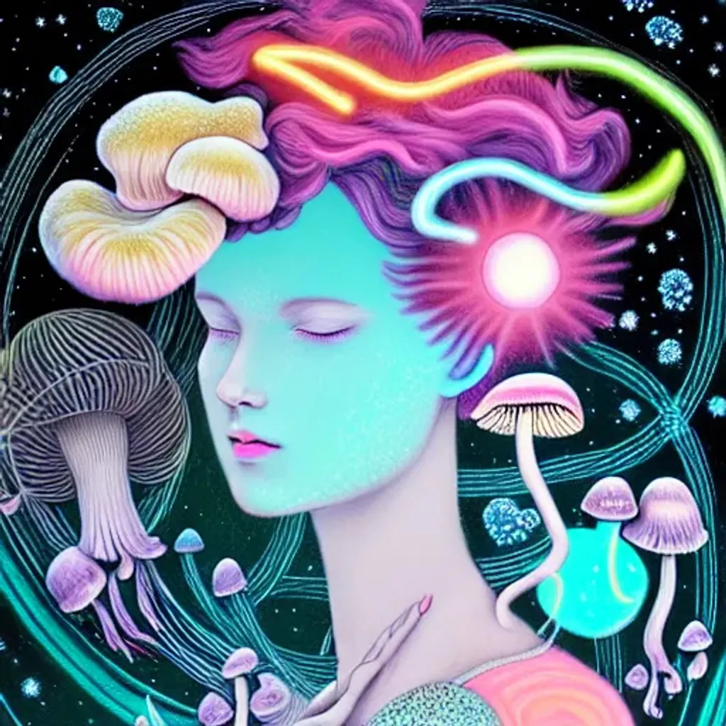 Prompt: Neon Pastel chalk rococo portrait, Beautiful woman with mushrooms and orchids coming out of her hair, mushrooms, stars, planets, hq, fungi, celestial, moon, galaxy, stars, victo ngai, Ryan Hewett 