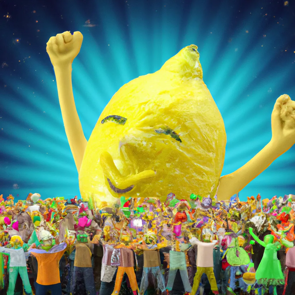 Prompt: 3-D, Photo-Realistic, Laughing Giant Lemon surround by huge crowd of cheering, dancing, lemon admirers
