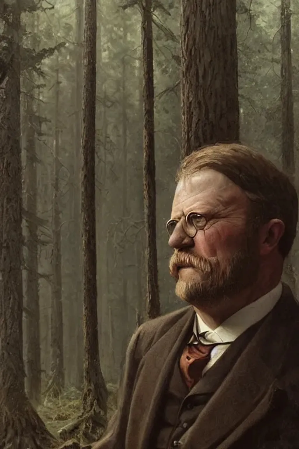 Prompt: portrait of a cute President Theodore Roosevelt, bearded, whispy beard, hunting clothes, big eyes, clear face, intricate detailed pine forest, dramatic lighting, perfection, symmetrical, by Greg Rutkowski