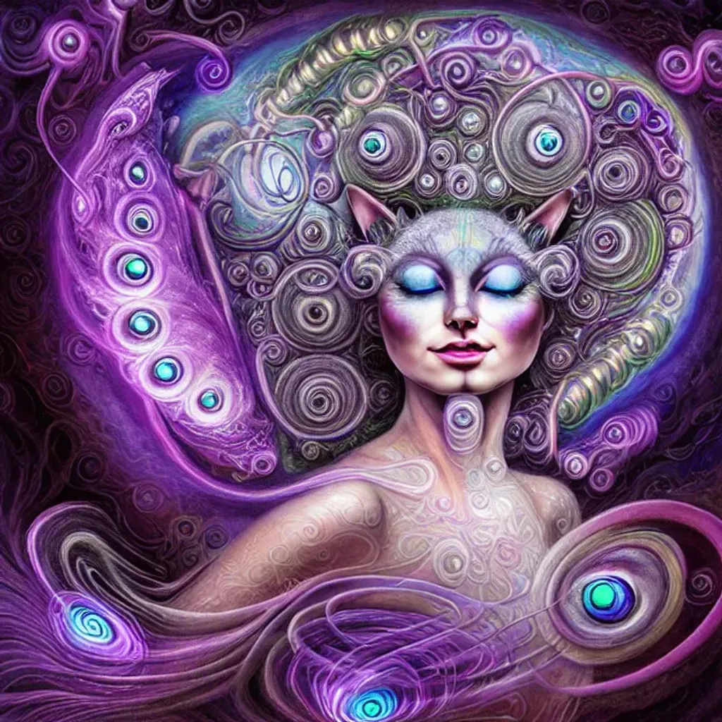 Prompt:  psychedelic cat godess, photo realistic eyes, beautiful silver smoke grey lavender burgundy eyes, in the style of Josephine Wall,  Ryohei Hase, background, electricity and ice sonic fibonacci swirls symmetrical generative isometric voxel 3 d superstructure, tendrils wavelets streamers, phosphorescent swirls, a murmuration of translucent bubbles, in deep colours, sharp focus, wide angle lens, 128K UHD Unreal Engine 5, fractal,  pi, fBm