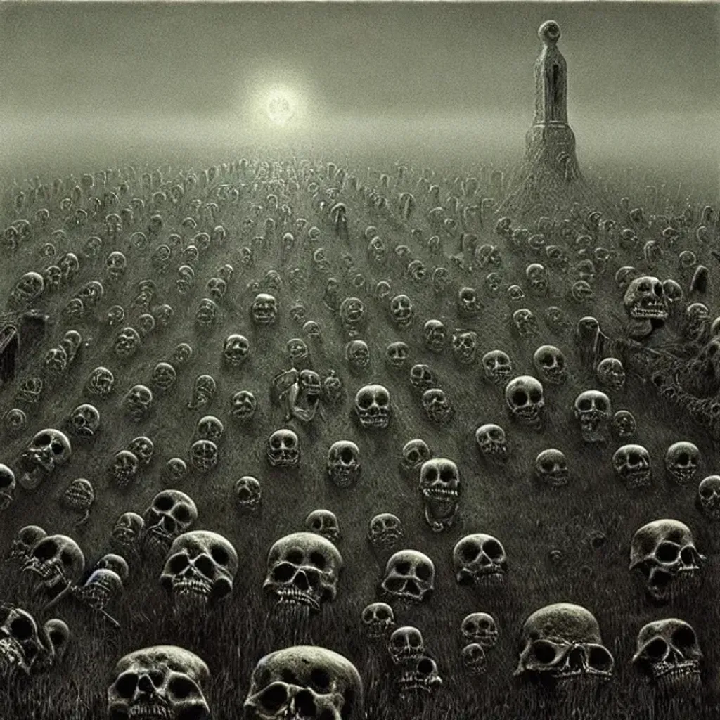 Graveyard with many skeletons, art by Zdzisław Beksi... | OpenArt