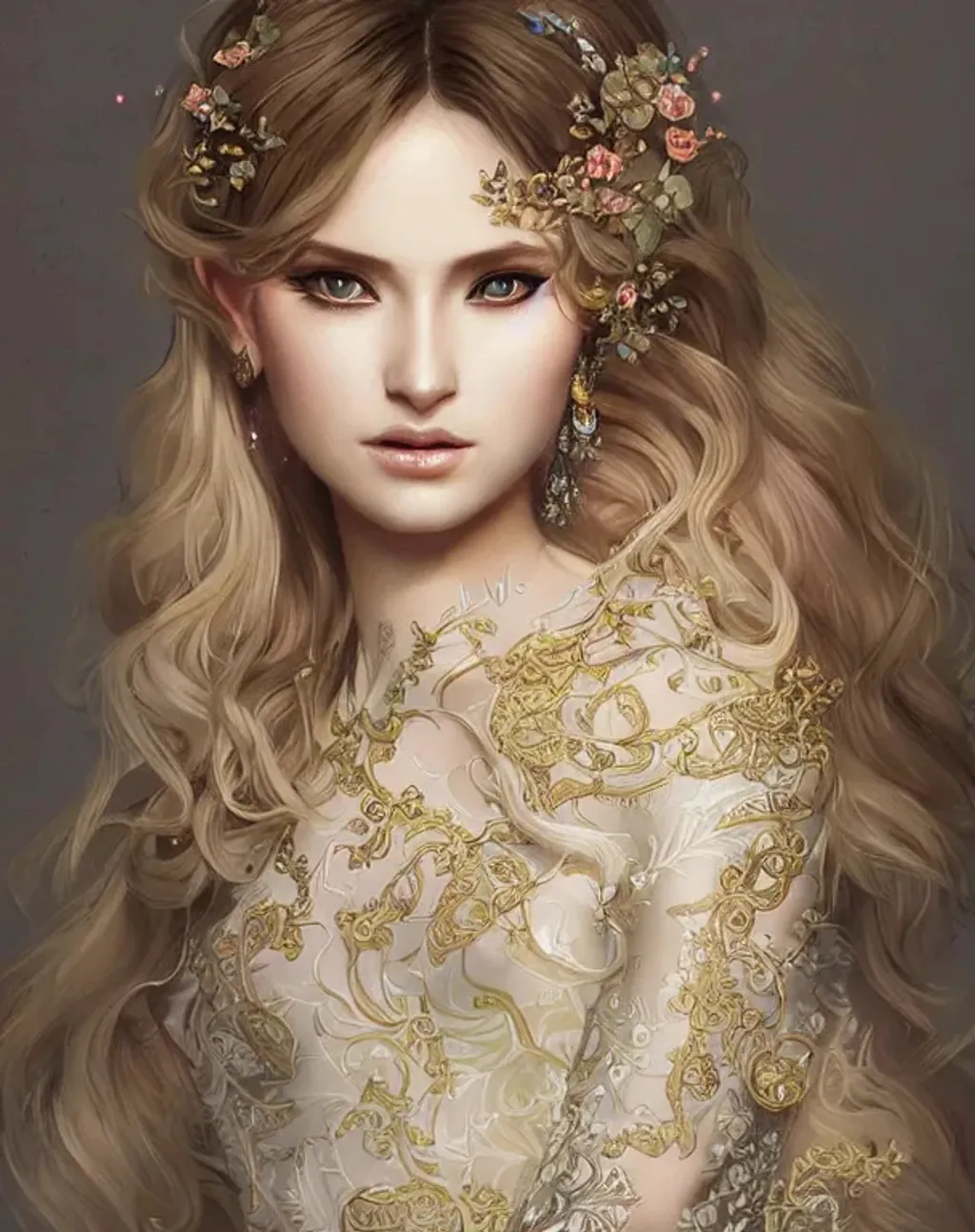 Prompt: a realistic feminine elegant ethereal cat princess with intricately decorated kebaya clothes, blonde balayage wild hair, highly detailed, digital painting, Trending on artstation , HD quality, by artgerm and greg rutkowski and alphonse mucha, dramatic light, octane