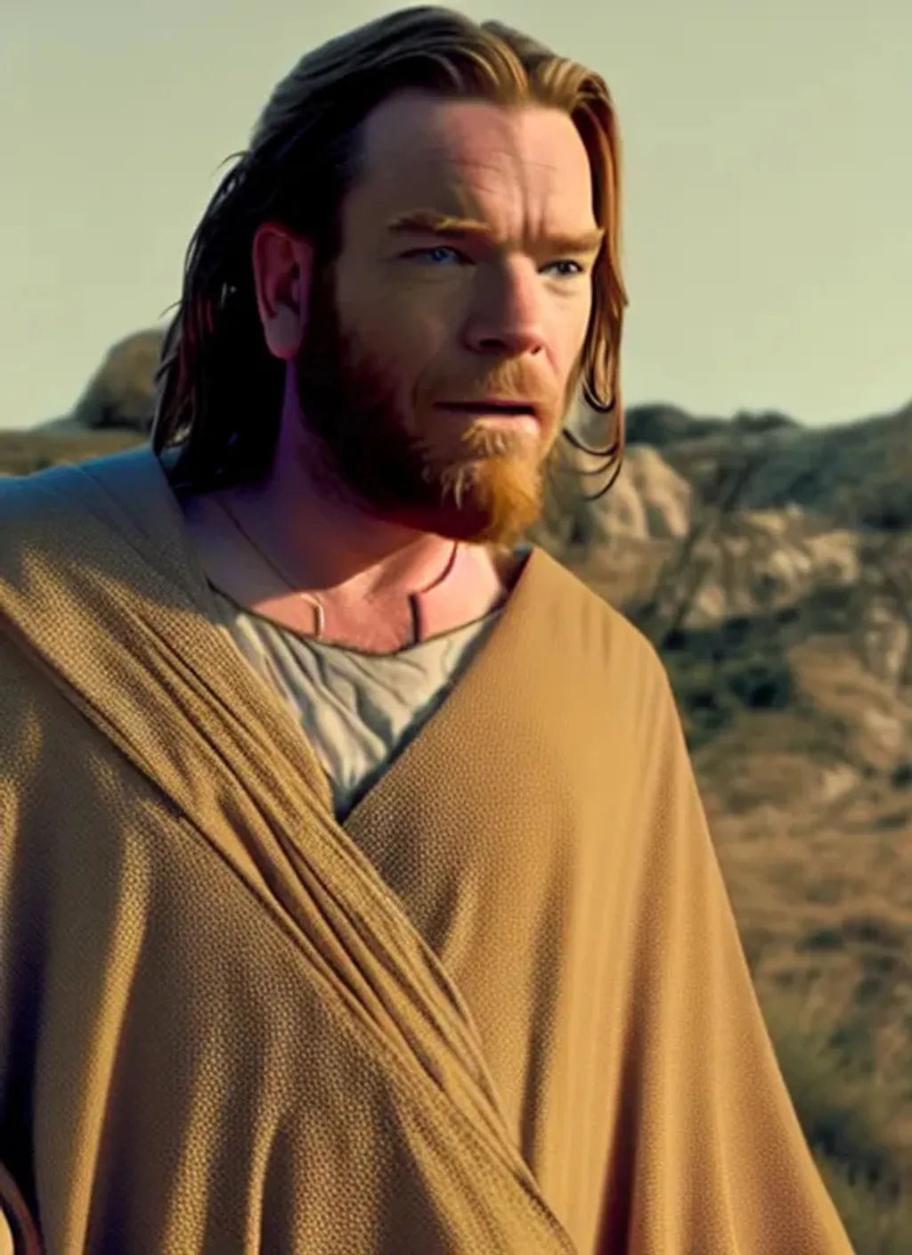 Prompt: A movie screenshot of Ewan McGregor as Jesus