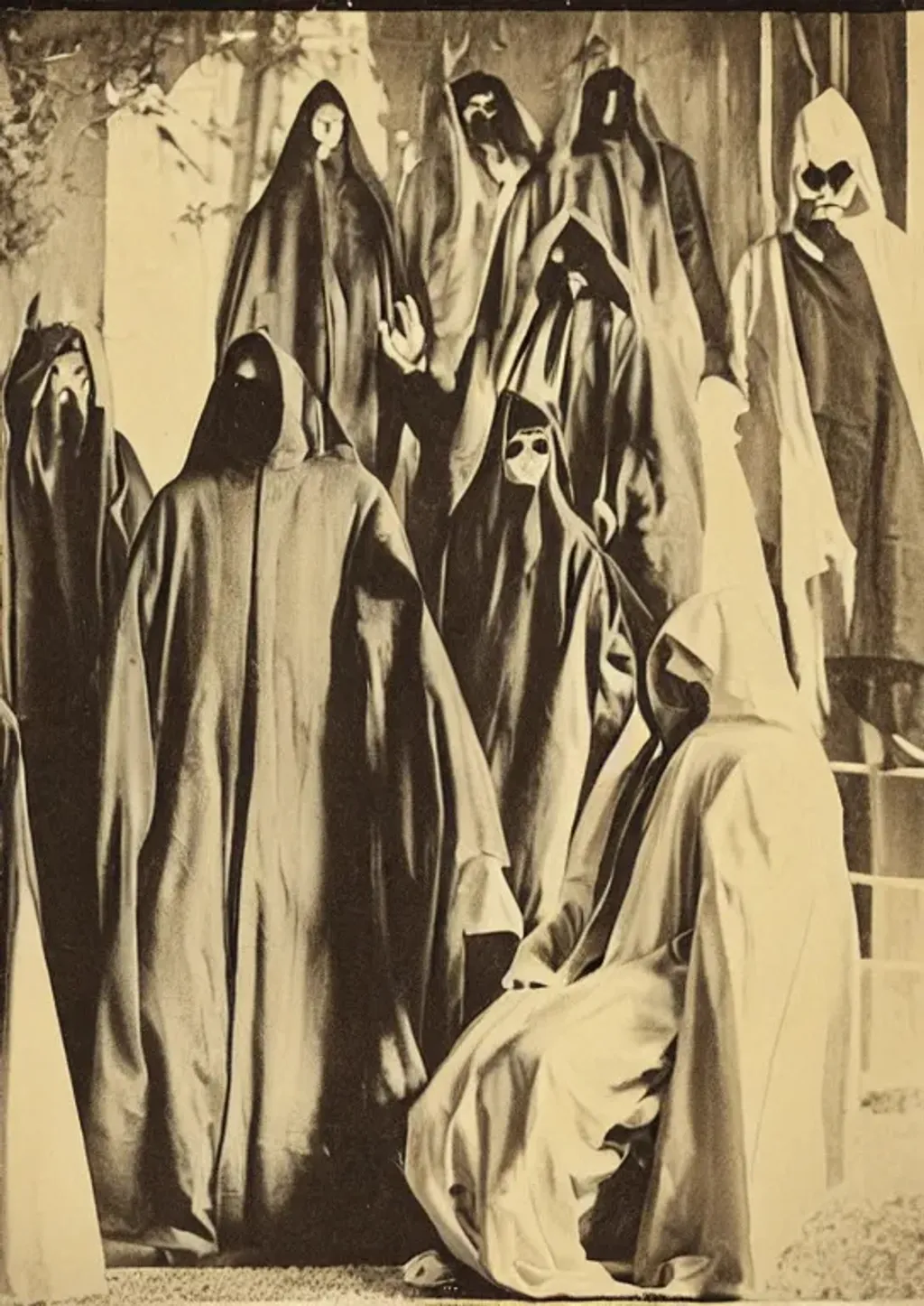 Prompt: a old grainy 1 8 0 0 s black and white photo of a group of demonic cultists, wearing robes, wearing hoods, performing a ritual, grainy, old photo, golden ratio, scary, horror photography, 5 0 mm lens, f 1. 8