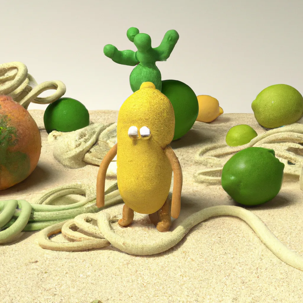 Prompt: 3D yarn-knitted Lemon Guy in an open desert oasis surrounding by other 3D claymation fruits and vegetables