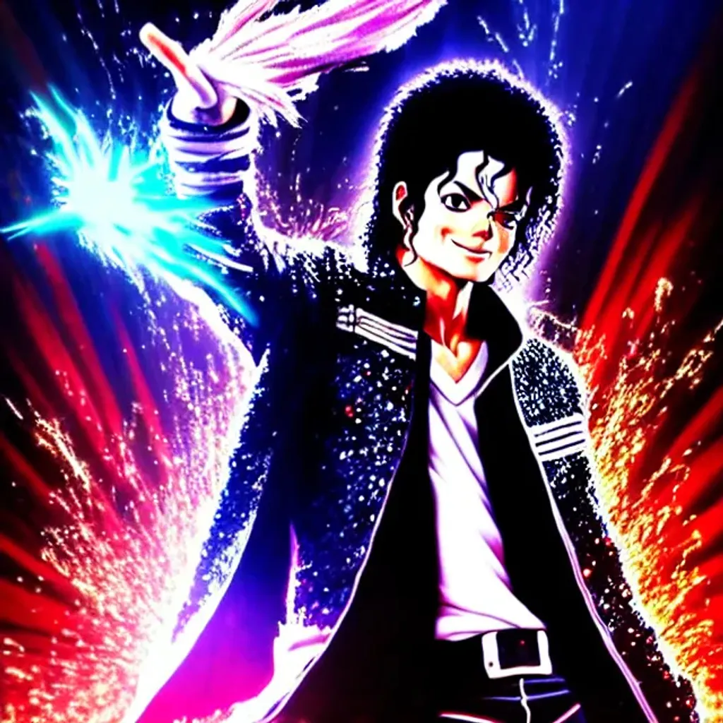 Prompt: This is it Michael Jackson epic Shonen character beating the thriller out of it, masterpiece musical artwork by hitapato whouak, front lit, highly detailed art, rythm scene, sharp focus, smooth, 8k, pixiv, edgy, made of molten knitted sparkles, anime art