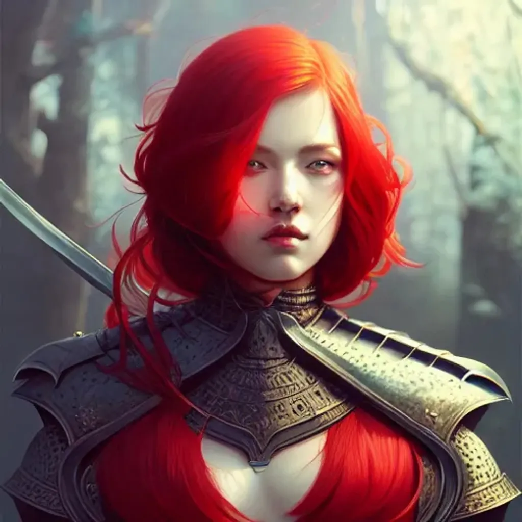 Prompt: a portrait of strong female knight, red hair, fantasy, sharp focus, intricate, elegant, digital painting, artstation, matte, highly detailed, concept art, illustration, ambient lighting, art by ilya kuvshinov, artgerm, jingna zhang, and greg rutkowski