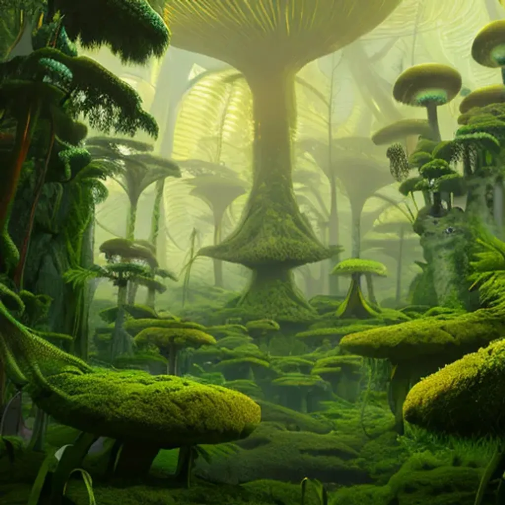 Prompt: forest of ferns, moss and giant yellow and green mushrooms on an alien planet Epic cinematic brilliant stunning intricate meticulously detailed dramatic atmospheric maximalist digital matte painting ethereal fantasy hyperdetailed mist Thomas Kinkade trending on Artstation Unreal Engine 3D shading shadow depth