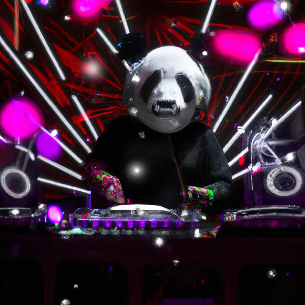 Prompt: a panda dj at a concert, Illustration, Drawing, Bokeh, Cinematic, Dramatic, Editorial Photography, Glamor Shot, 8K, Rim Lights, Plasma Globe, Electric Arc, Electroluminescent Wire, Lumen Reflections, Screen Space Reflections, Diffraction Grading