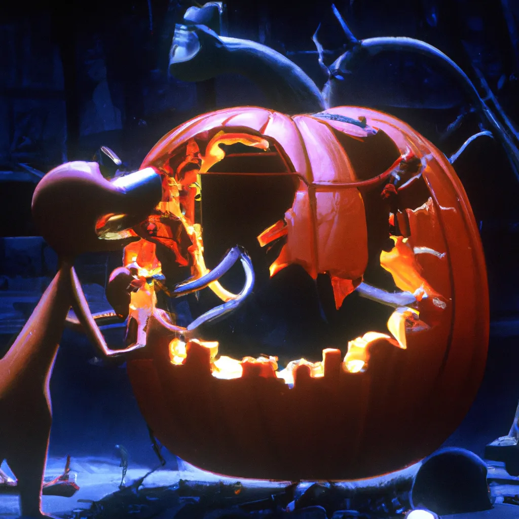 Prompt: A Halloween pumpkin eating a bloody pumpkin, by Chuck Jones and Maurice Noble on a Silent hill Disney Pixar movie still