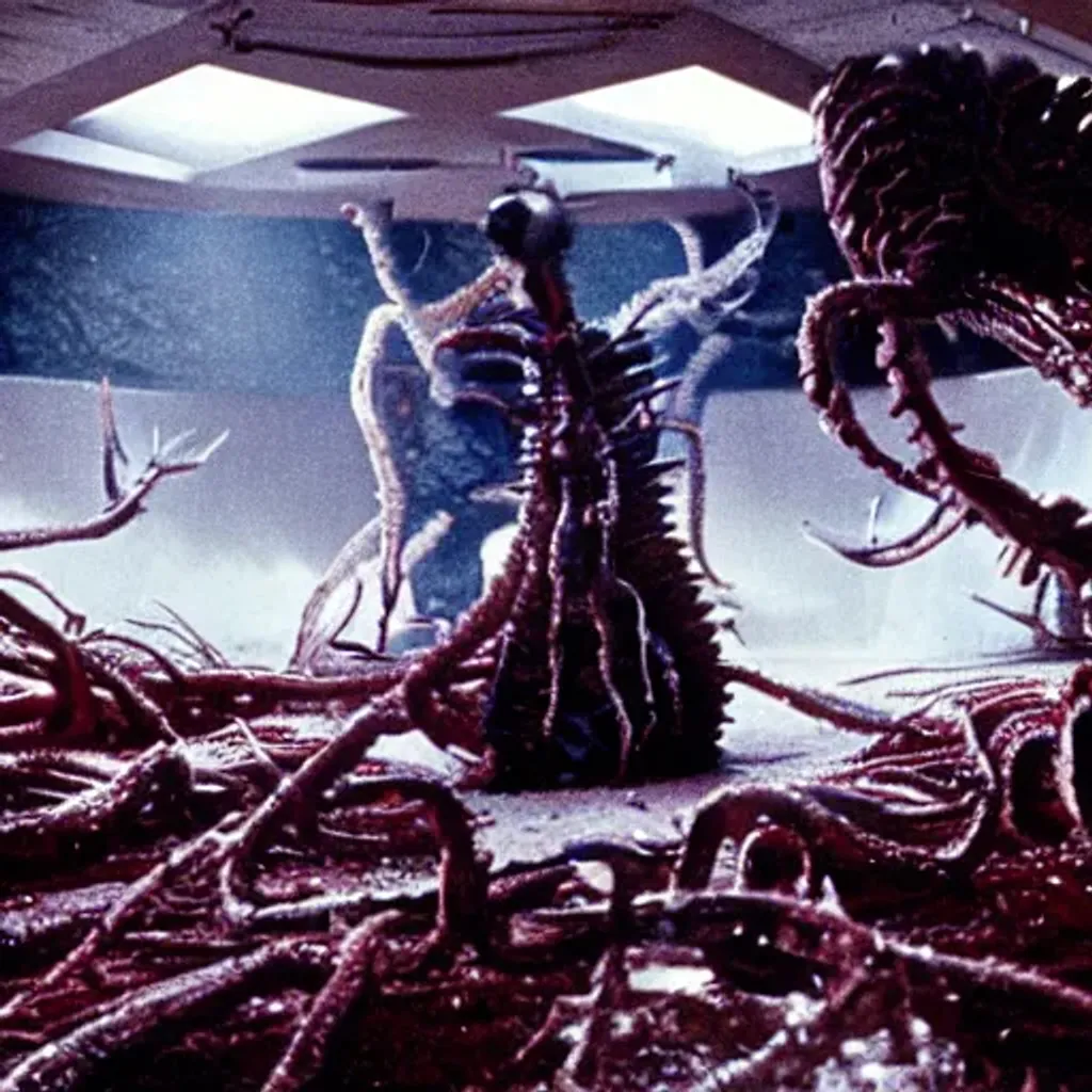 Prompt: filmic extreme wide shot dutch angle movie still 4k UHD interior 35mm film color photograph of a dozen soldiers mangled and stabbed by a dangerous horrifying shape-shifting abstract looking organism from The Thing 1982, in the style of a 1980s horror film