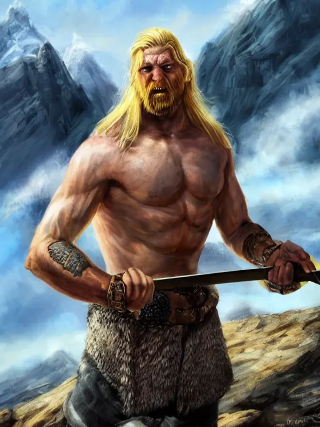 Prompt: Portrait of viking disfiguring soldier with blond hair with angry face and with viking tatoo on face, hyper detailed mountain with sun light and blue sky  background , hyperrealistic , 8k, high quality, concept art, trending on artstation, sharp focus, studio photo,