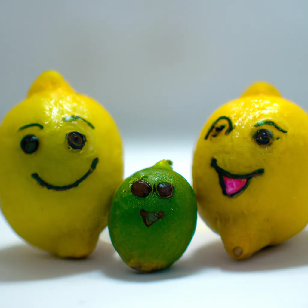 Prompt: A smiling Lemon Mother and smiling Lemon Father cherishing their Lemon baby.