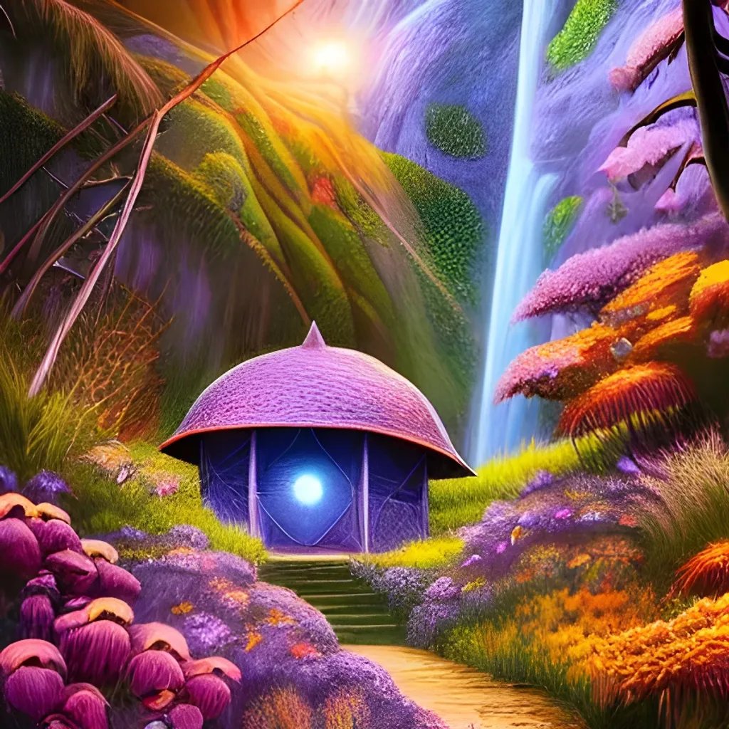 Prompt: A waterfall with colorful flowers, and a sinister hut on middle, centered, symmetry, painted, intricate, volumetric lighting, beautiful, rich deep colors masterpiece, sharp focus, ultra detailed, in the style of dan mumford and marc simonetti, astrophotography