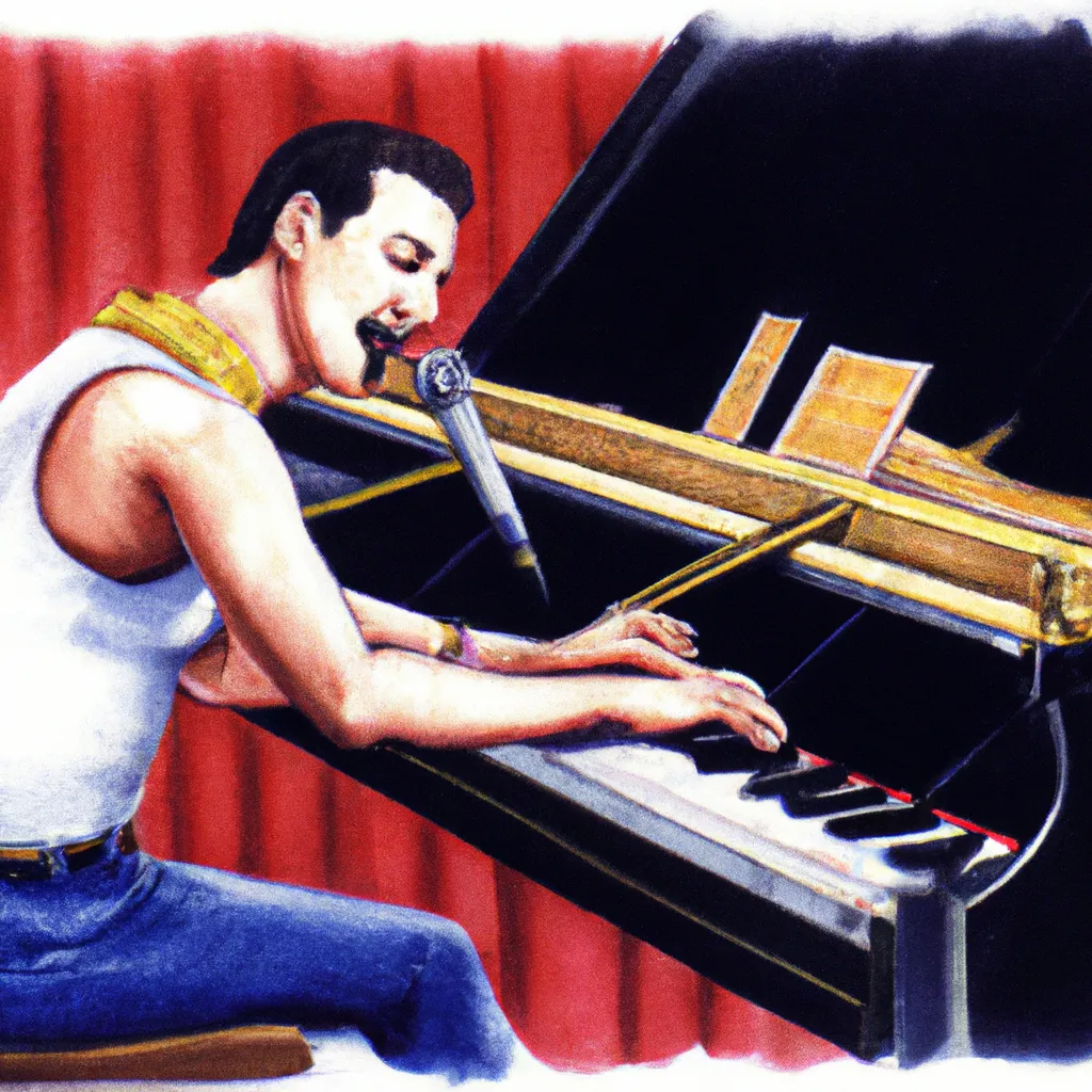 Prompt: Freddie Mercury playing piano, Live Aid 1985