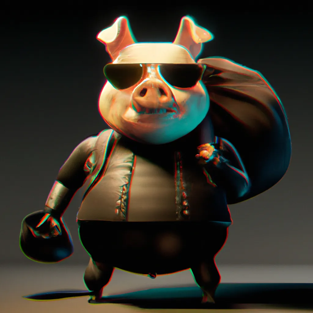 Prompt: Unreal engine, 4K, 144Hz, Gangsta Pig with a sack of money, wearing a black mask, metaverse concept character