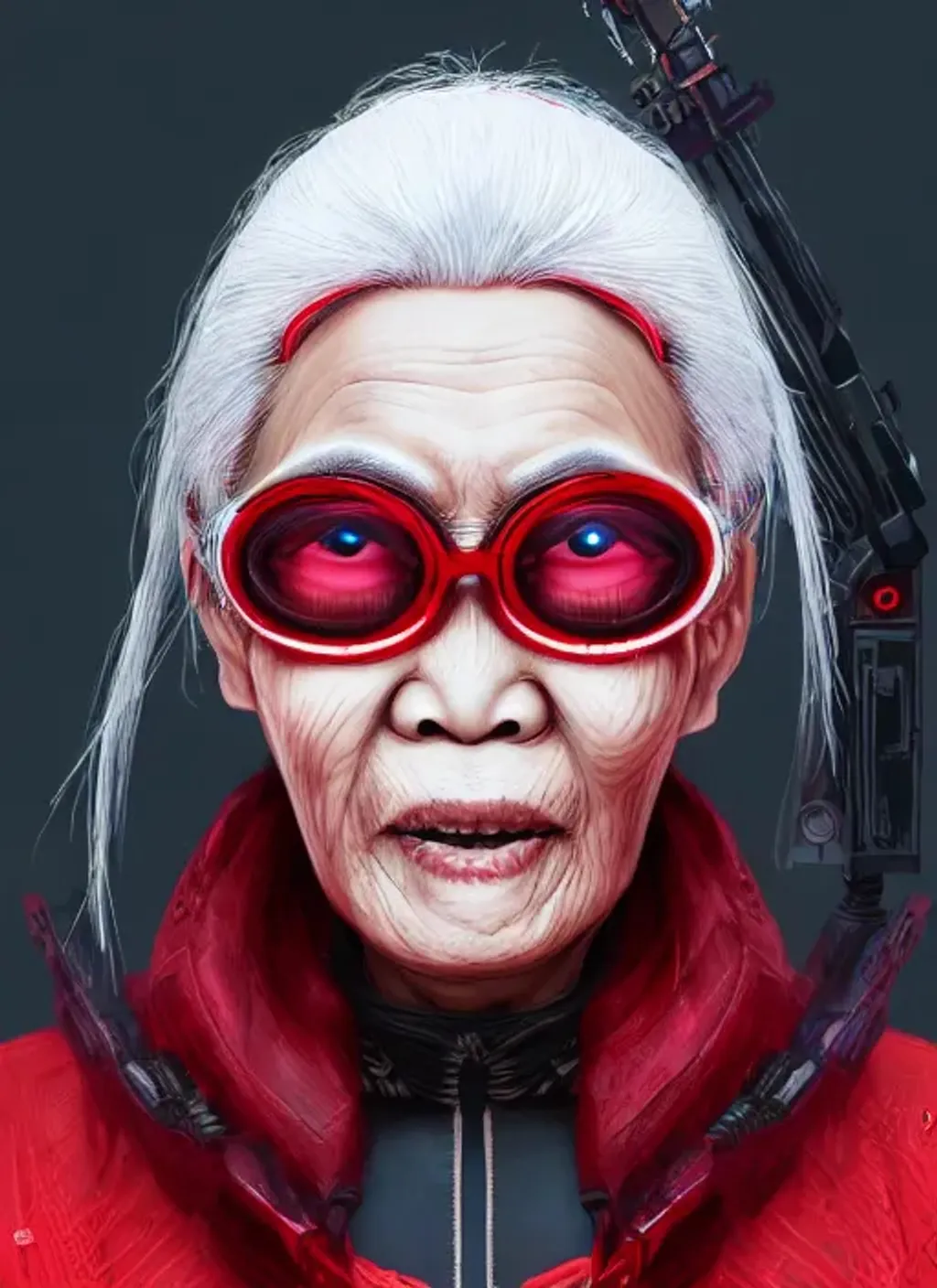 Prompt: Extremely detailed portrait of beautiful cyberpunk old asian woman with white hair with angry face and, extremely detailed 
 red background cyberpunk city, hyperrealistic , 8k, high quality, concept art, trending on artstation, sharp focus, studio photo, intricate details, hyper detailed