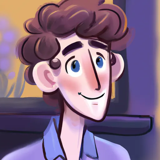 Prompt: Cartoon art, afternoon, warm detailed colorful slice-of-life cartoon art, beautiful Jazza-style art, cute Australian man with blue-grey eyes with short medium dark brown hair at a coffeeshop, wearing lavender dress shirt, profile picture, smiling for camera, face focus, looking at camera