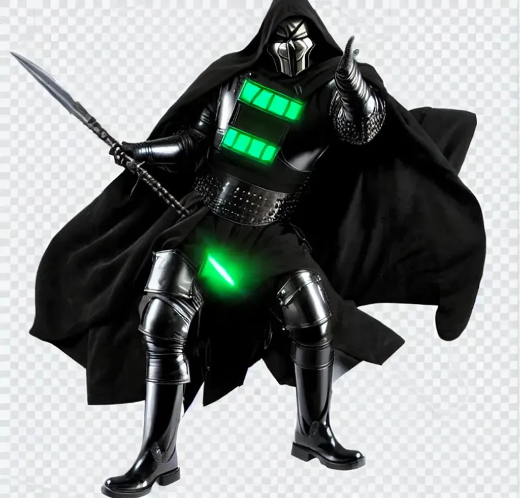 Prompt: he is a super villain, wearing a Black robe underneath a Guard Steel Breastplate, Dr. Doom Mask, Armour Hand Gloves, Steel Full Leg Armor, he wear black shiny leather boots