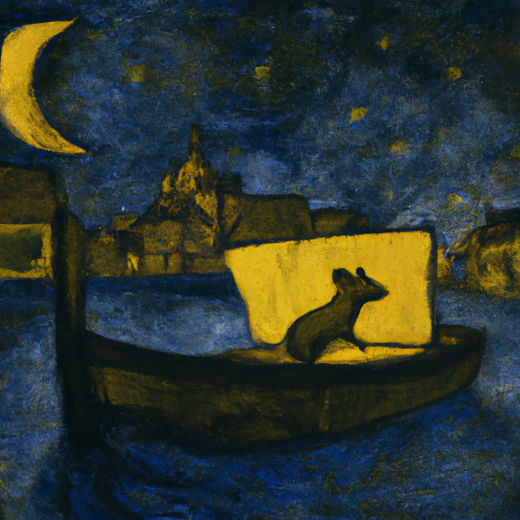 Prompt: 1800s painting of a mouse flying in a boat at night over paris, in style of van gogh