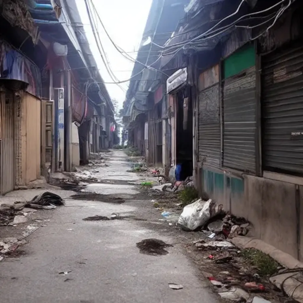 Prompt: abandoned korean street at night, creepy people standing, garbage on ground