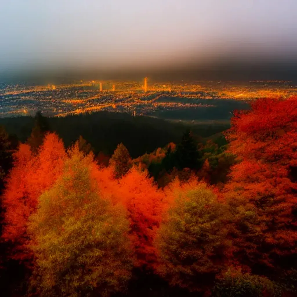 Prompt: autumn covered forested hills with city in the background, at night, soft colors, liminal fog