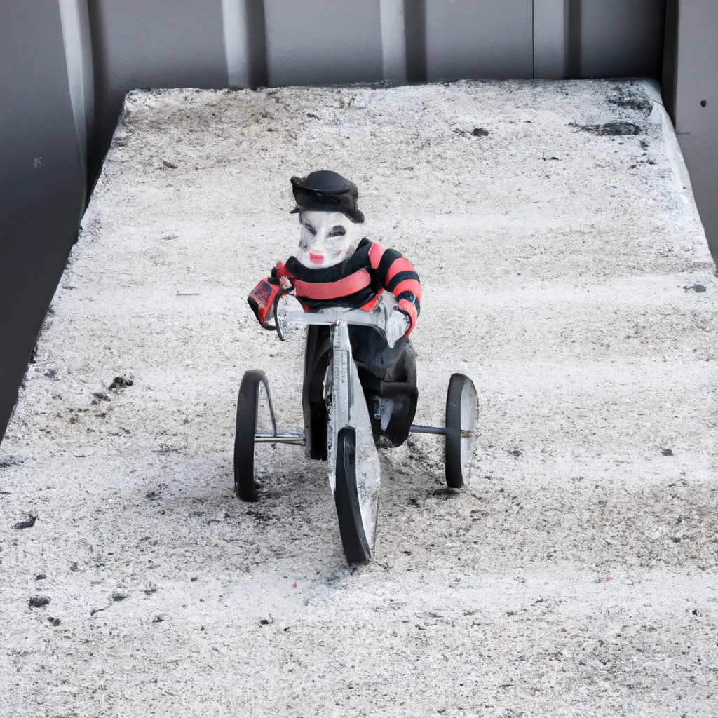 Prompt: action figure of an old mime on a tricycle riding down a ramp