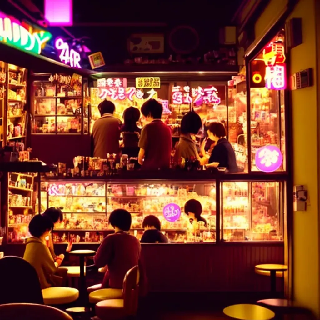 Prompt: Lo-Fi Candy Bar, Anime, Tokyo cafe night time