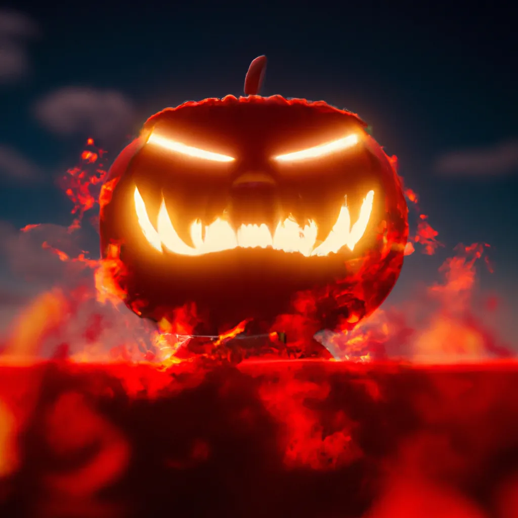 Prompt: low view jack-o'-lantern personification character, on fire, lightning on the sky, standing, on the top of bodies, thousand bodies, silhouette red background, dark fantasy, realistic, illustration, digital art, volumetric lighting, minimum lighting, cinematic horror art, fog, smooth shading, wide shot, perfect composition, 8k, trending art