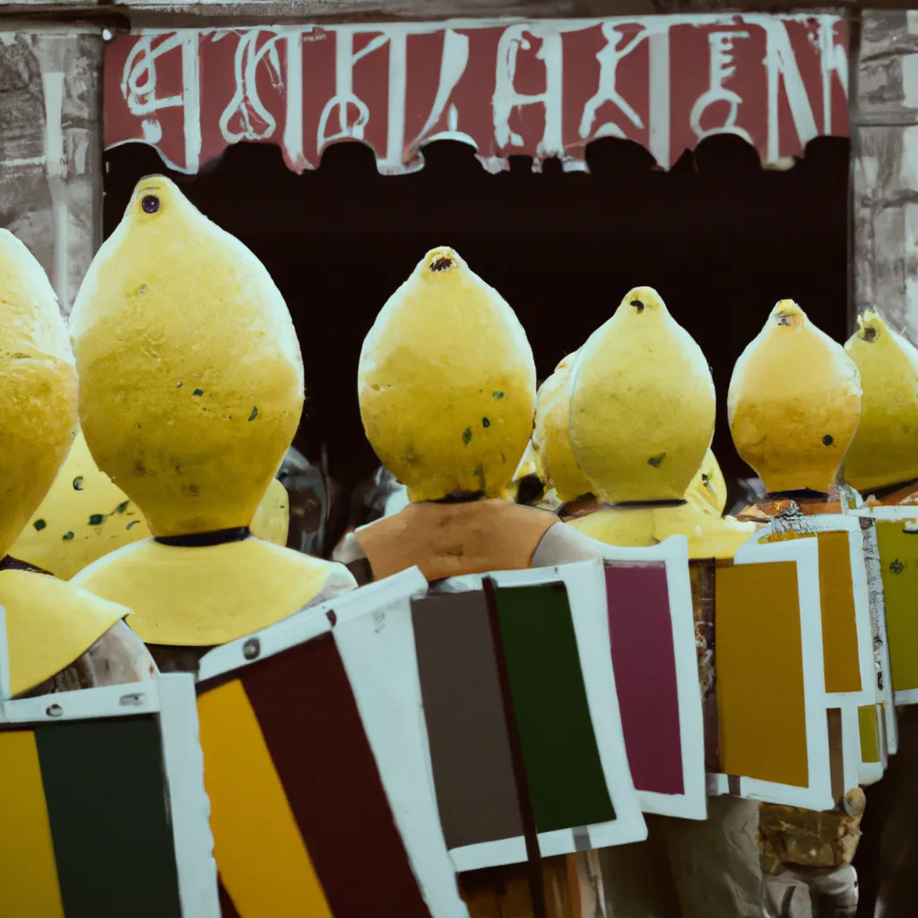 Prompt: A 8k photo of realistic Lemon Army wearing Knight Outfits marching to take a castle, some carrying lemon banners