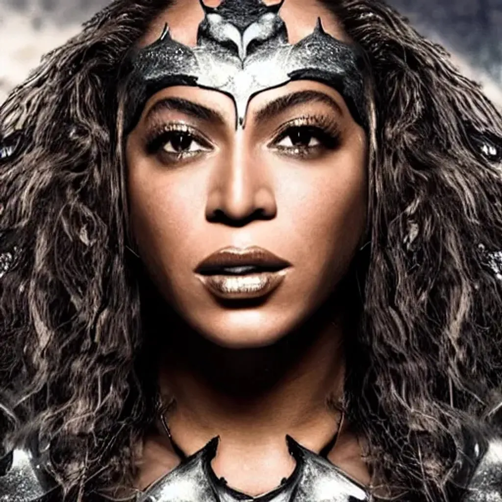 Prompt: Beyoncé with perfect facial features, long brunette hair, evil look with long pointed fangs at camera, pointy teeth, dark eye shadow, intricately designed armor, emotional, fantasy, 4k, 8k, magical atmosphere, chilling stare, photorealistic