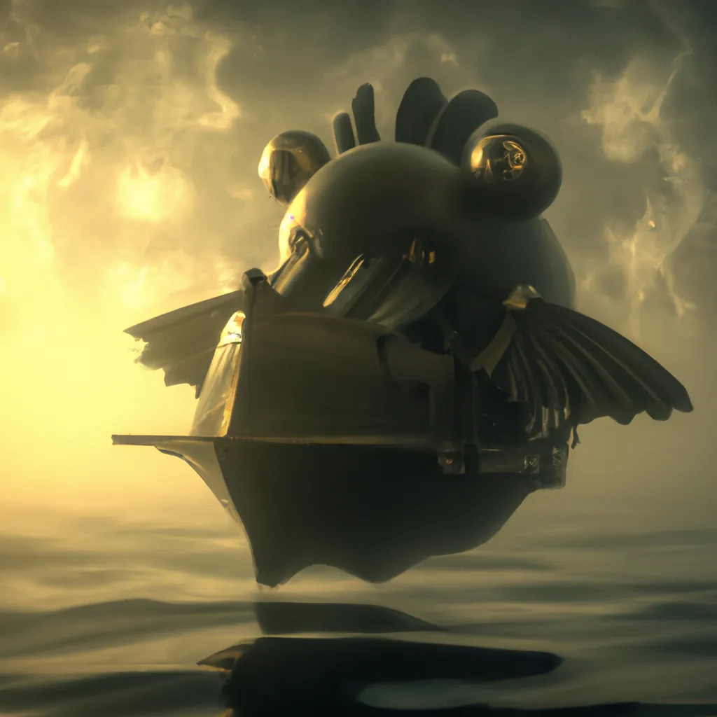 Prompt: Curvaceous Light bending cute furry monster phantom ghost ship  covered in halogenic golden sunset  in the style of Bruce Pennington, Dali, Munch, Escher, Klarwein, Yamamoto, Hattori, Leyendecker, Mullins, Magritte | Pacific Ocean | lost ship    | centered |muted desaturated tones | dark background | ultra sharp focus | 3d octane render artstation trending 8k unreal engine | batman movie| Disney Pixar Dreamworks 