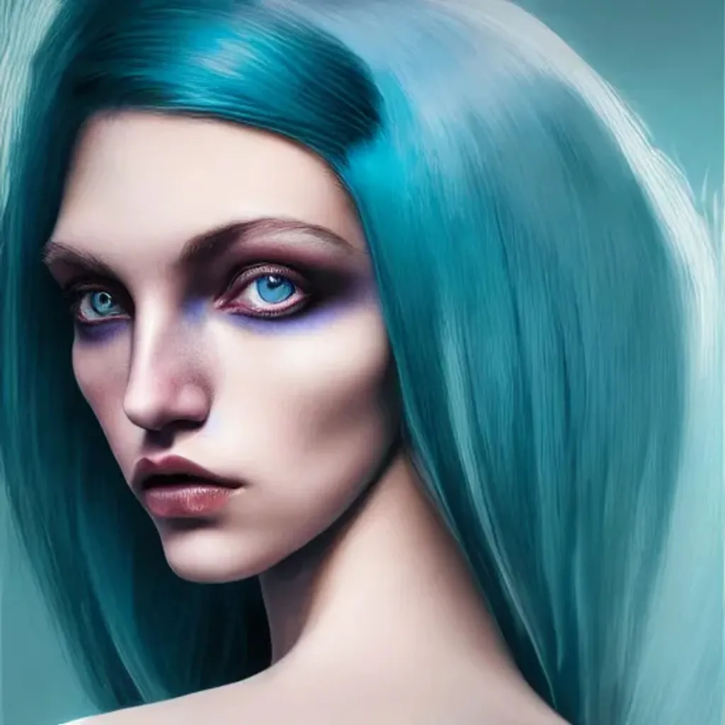 Prompt: portrait, beautiful woman with teal hair, ruby eyes, clothed, facial symmetry, perfect eyes, centered, dark gradient background, perfect composition, hyperrealistic, photorealism, super detailed, 32k, high quality, trending on artstation, sharp focus, studio lighting, intricate details, hyperdetailed photography by greg rutkowski, dino tomic