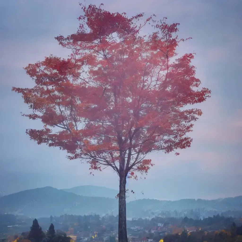 Prompt: hills covered in trees with autumn colors, soft light, at night with city in the distance