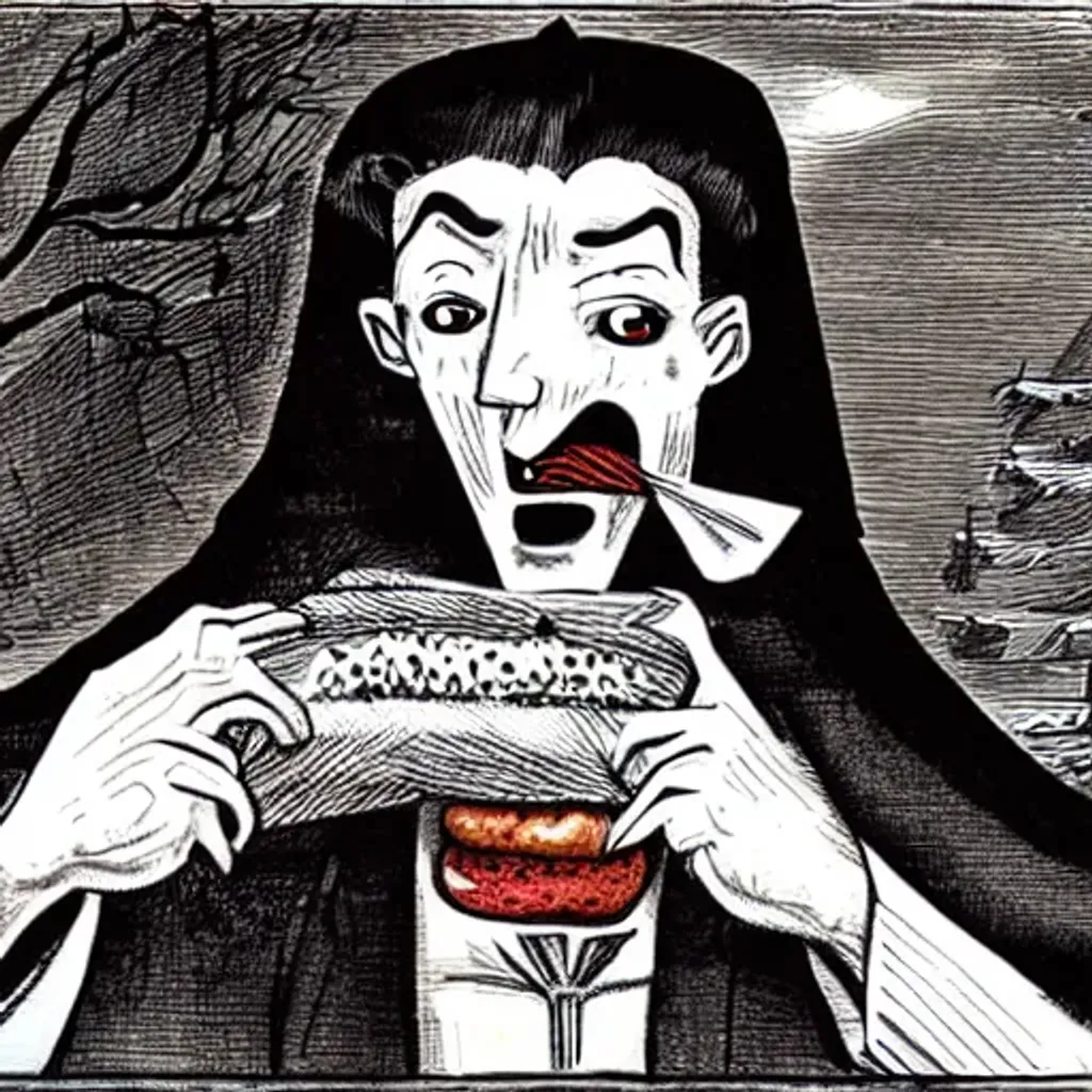 Prompt: Dracula eating a hotdog