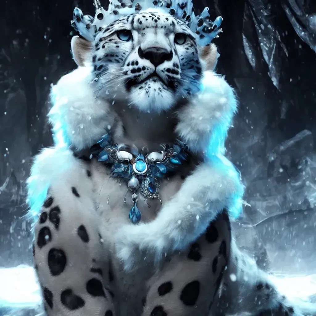 Prompt: splash art of a snow leopard princess wearing an ice crown, royal and majestic, fluffy fur coat, intricate royal jewel necklace, beautiful, professional, action shot, heroic fantasy art, special effects, hd octane render