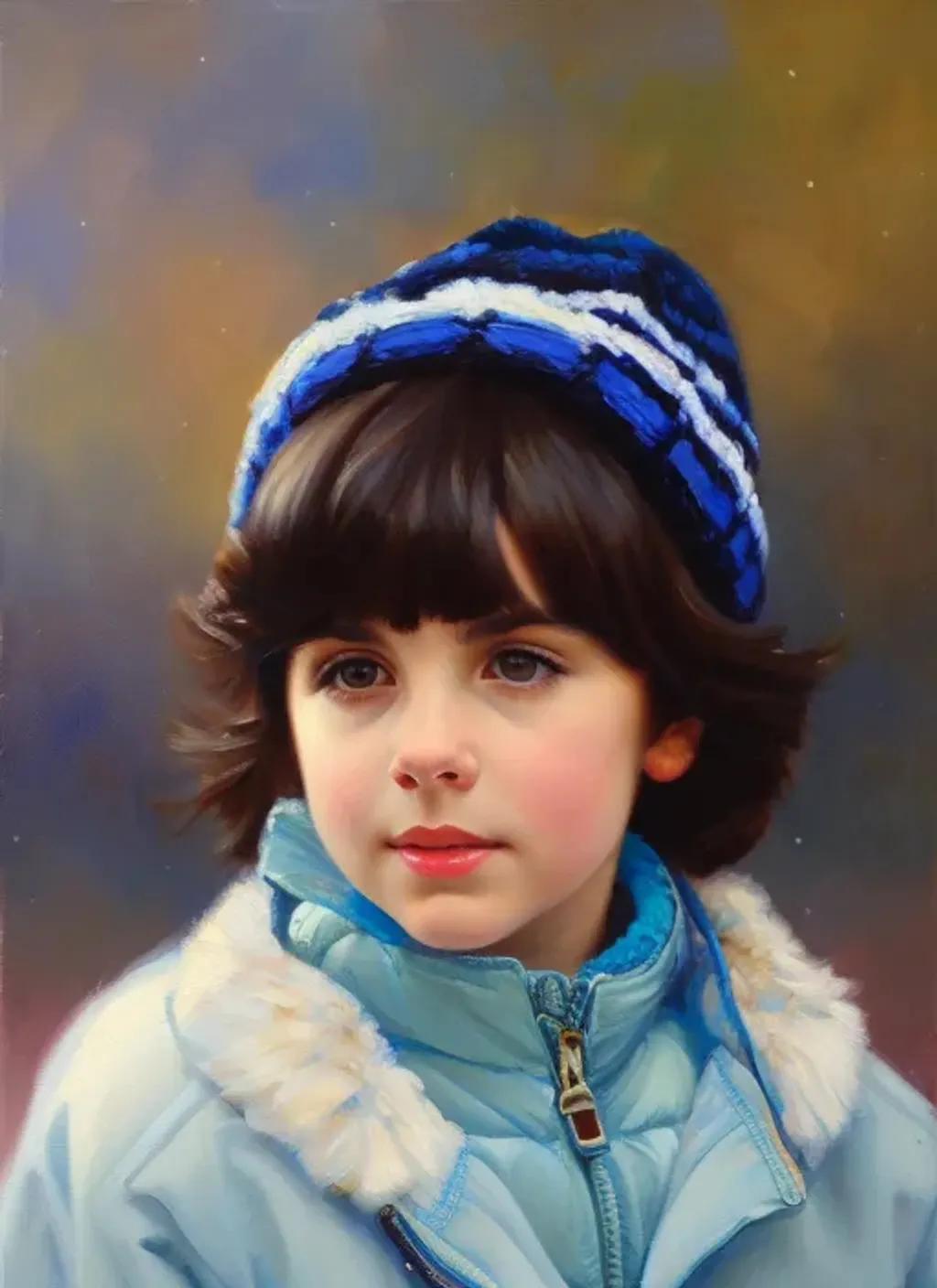 Prompt: Portrait of a cute pre-teen girl, hispanic, pale skin, black hair, short hair, very dark brown eyes, winter clothes, snow, blue-ish, looking at the camera, extremely detailed painting by Greg Rutkowski and by Henry Justice Ford and by Steve Henderson