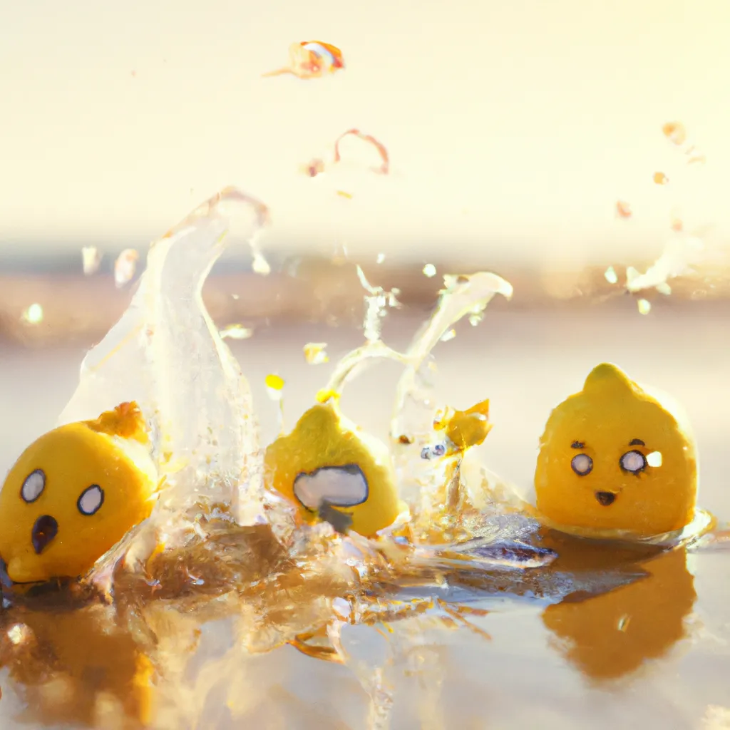 Prompt: Juicy lemons splashing on the beach. Pixar. Cute. Afternoon light. 