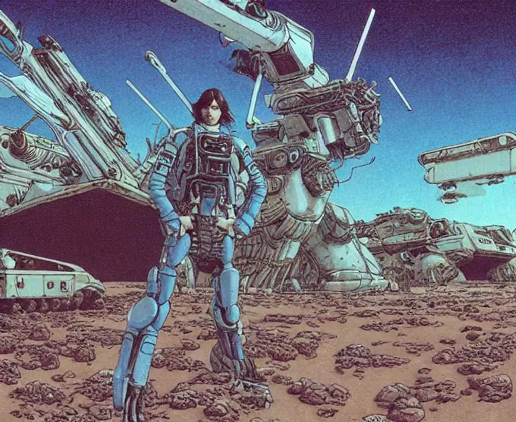 Prompt: Man with long dark brown hair standing wearing battlesuit in alien dessert next to destroyed alien tank, by Makoto Kobayashi, by Moebius, by Jean Giraud, manga, anime style, 80's, Intricate, Hand drawn, concept art, grainy color, dim lighting, Anime Key Visual, beautiful composition